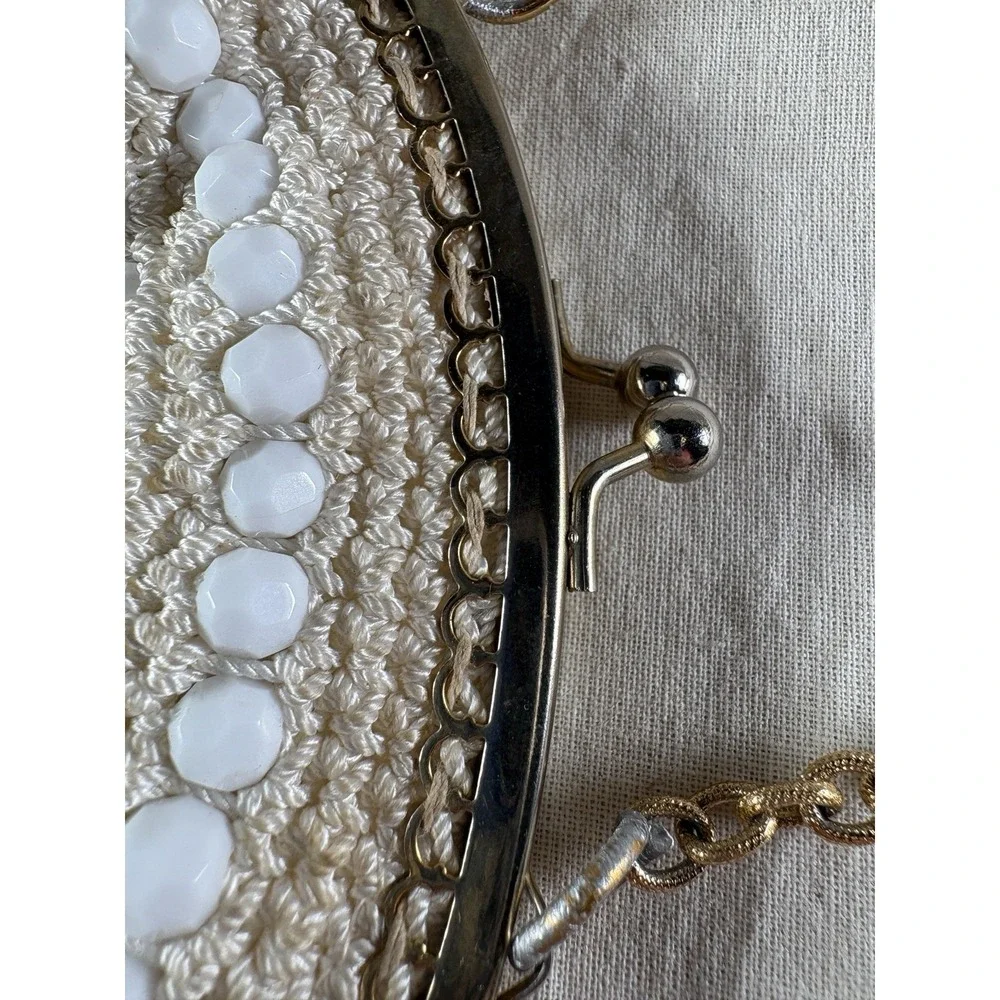 VTG Bobbie Jerome Purse White Crochet Beaded Evening Handbag Boho Made in Italy